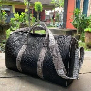 Black and white travel duffel bag from Indo Python Store