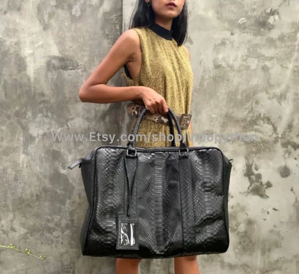 Black color snake leather travel bag from Indo Python Store