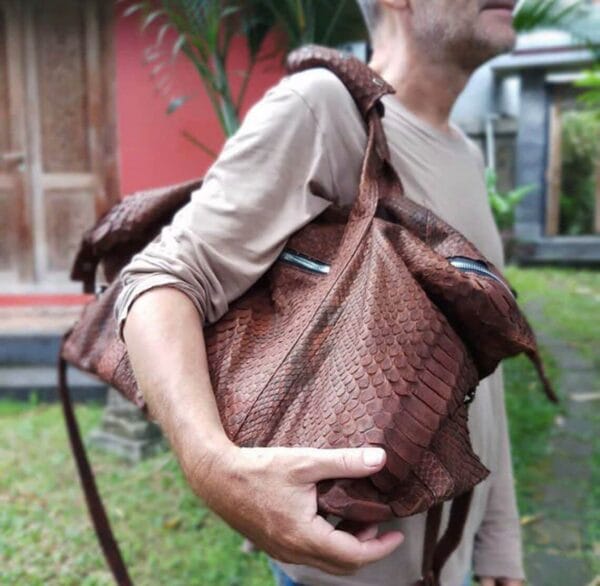 Brown snake leather travel bag from Indo Python Store