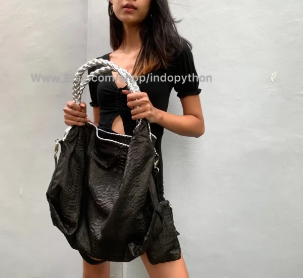 Indopython Black with silver handles hobo bag