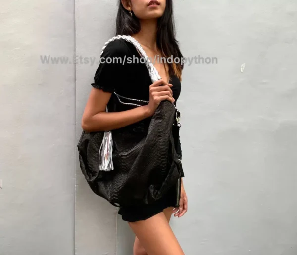 Indopython Black with silver handles hobo bag