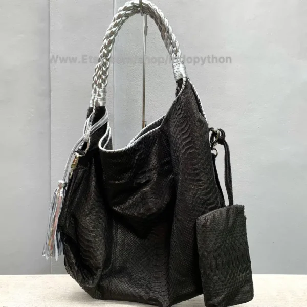 Indopython Black with silver handles hobo bag