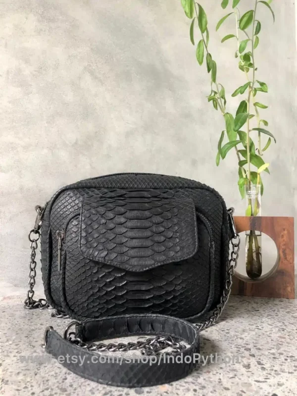 Black Medium Python Bag