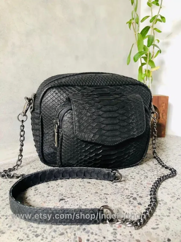 Black Medium Python Bag