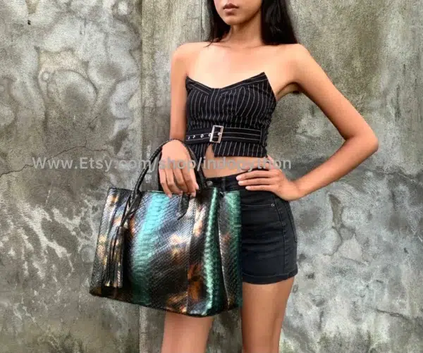 Black And Green Python Tote