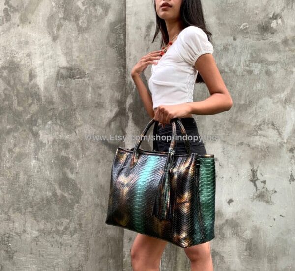 Black, Bronze & Green Python Tote Bag