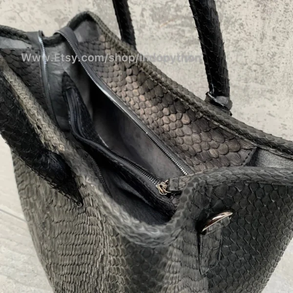 Black Python Leather Tote Handbag