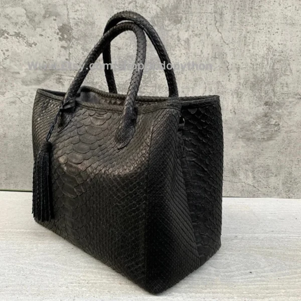 Black Python Leather Tote Handbag