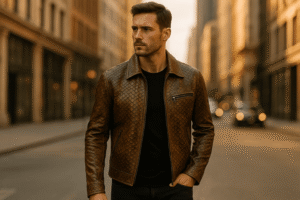 Are Snakeskin Jackets Worth the Price: Man wearing a genuine python snakeskin jacket in a city, highlighting texture and luxury fashion style.