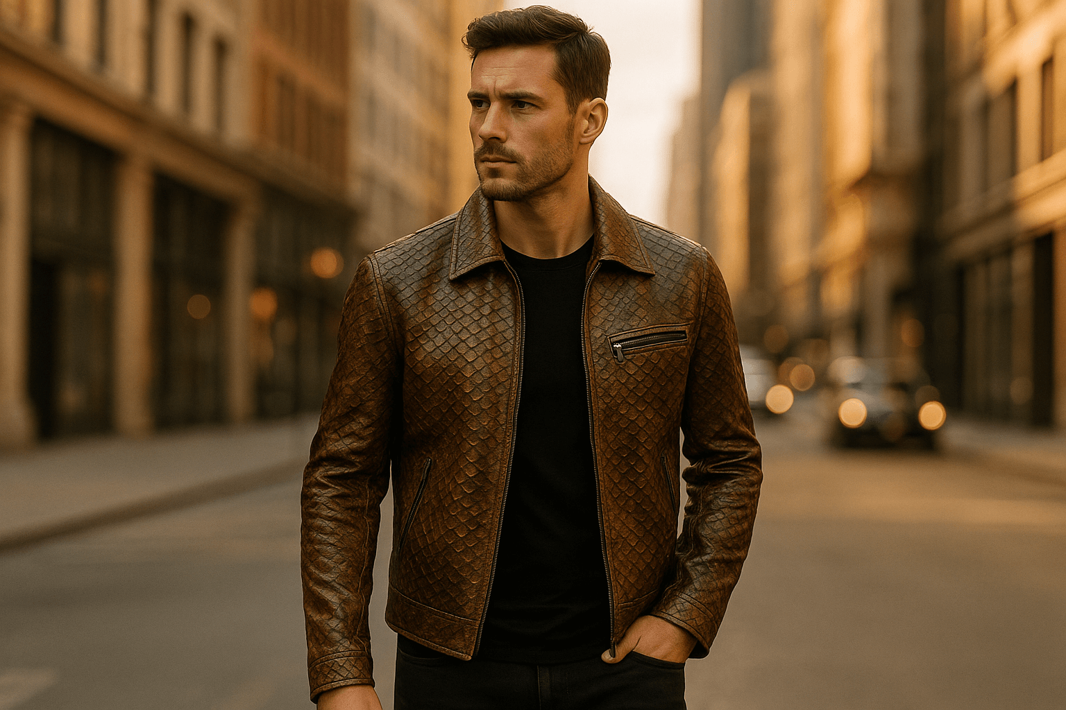 Are Snakeskin Jackets Worth the Price: Man wearing a genuine python snakeskin jacket in a city, highlighting texture and luxury fashion style.