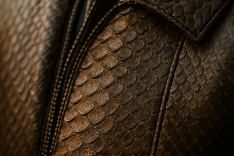 Close-up of real python leather snakeskin jacket texture and stitching detail.