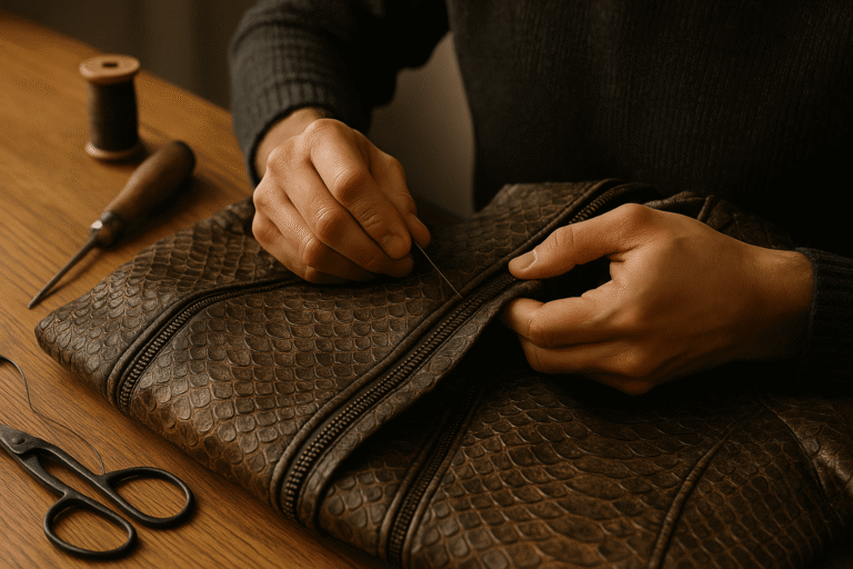 Artisan crafting a python leather snakeskin jacket by hand with professional tools.