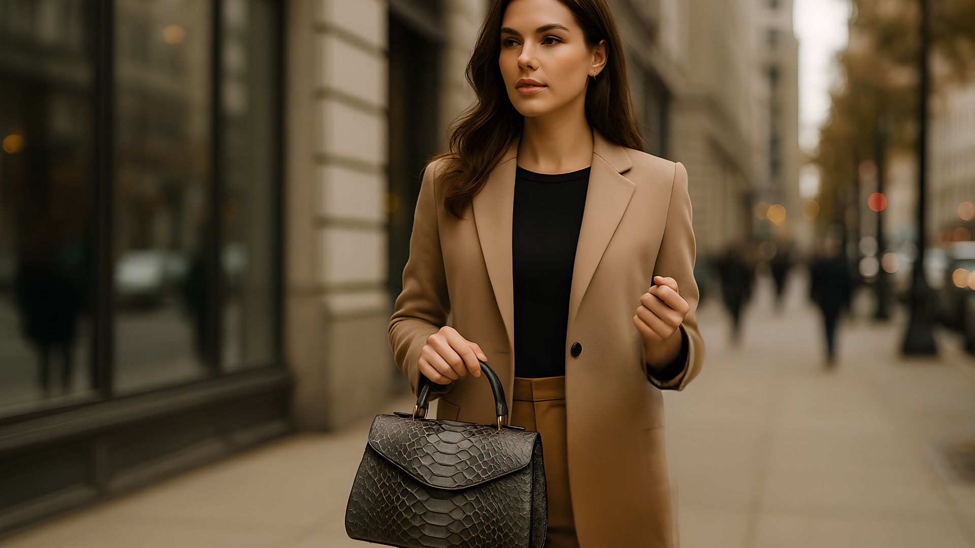 Woman holding python leather bags vs cowhide bags while walking in a city, representing luxury and everyday style.