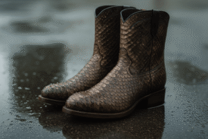 Pair of brown python skin boots standing on wet pavement after rain, showing detailed scales and natural texture.