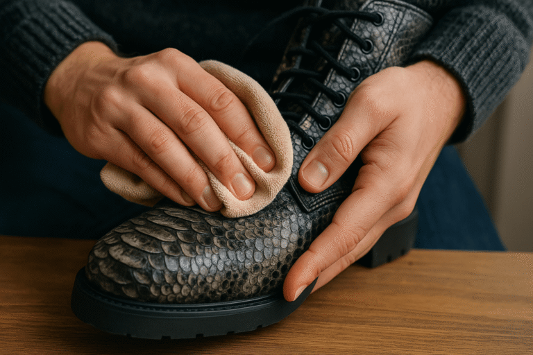 Man gently wiping moisture off python skin boots with a soft cloth to dry and maintain the leather texture.