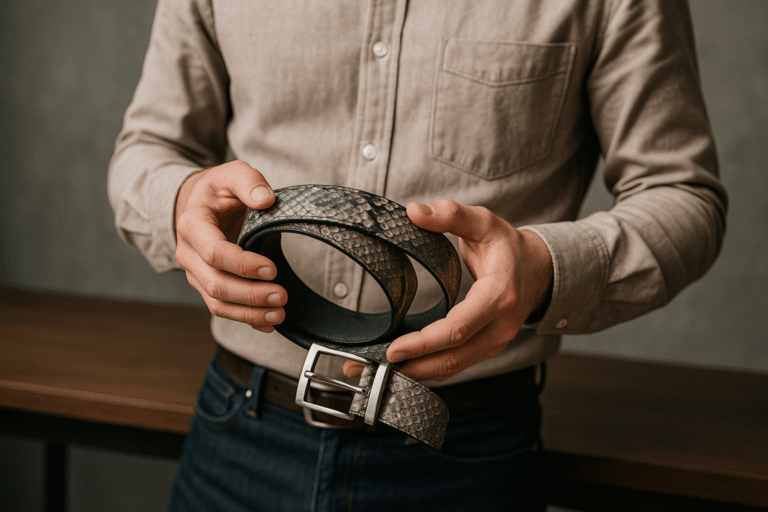 Close-up of a man holding two handcrafted snakeskin belts with detailed natural scale patterns — premium exotic leather accessories.