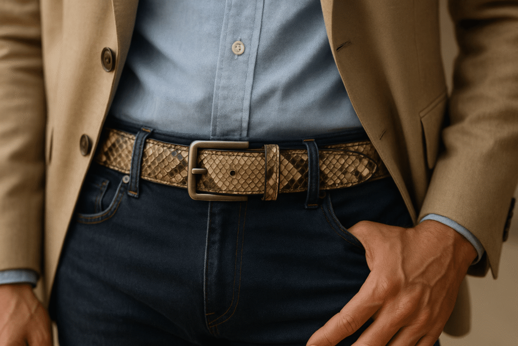 Man wearing a tan genuine snakeskin belt paired with a light blue shirt, dark jeans, and beige blazer — stylish luxury snakeskin belts for men.