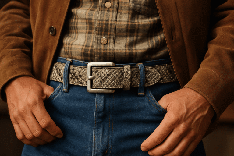 A cowboy adjusting a beige snakeskin belt