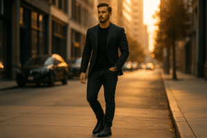 Python boots for men with jeans and blazer in the city at sunset.