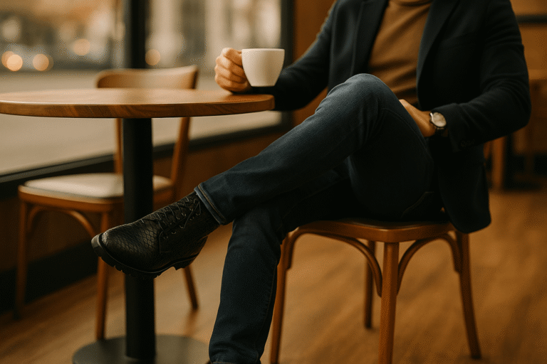 Man in jeans and python boots sitting at a café table, casual style.