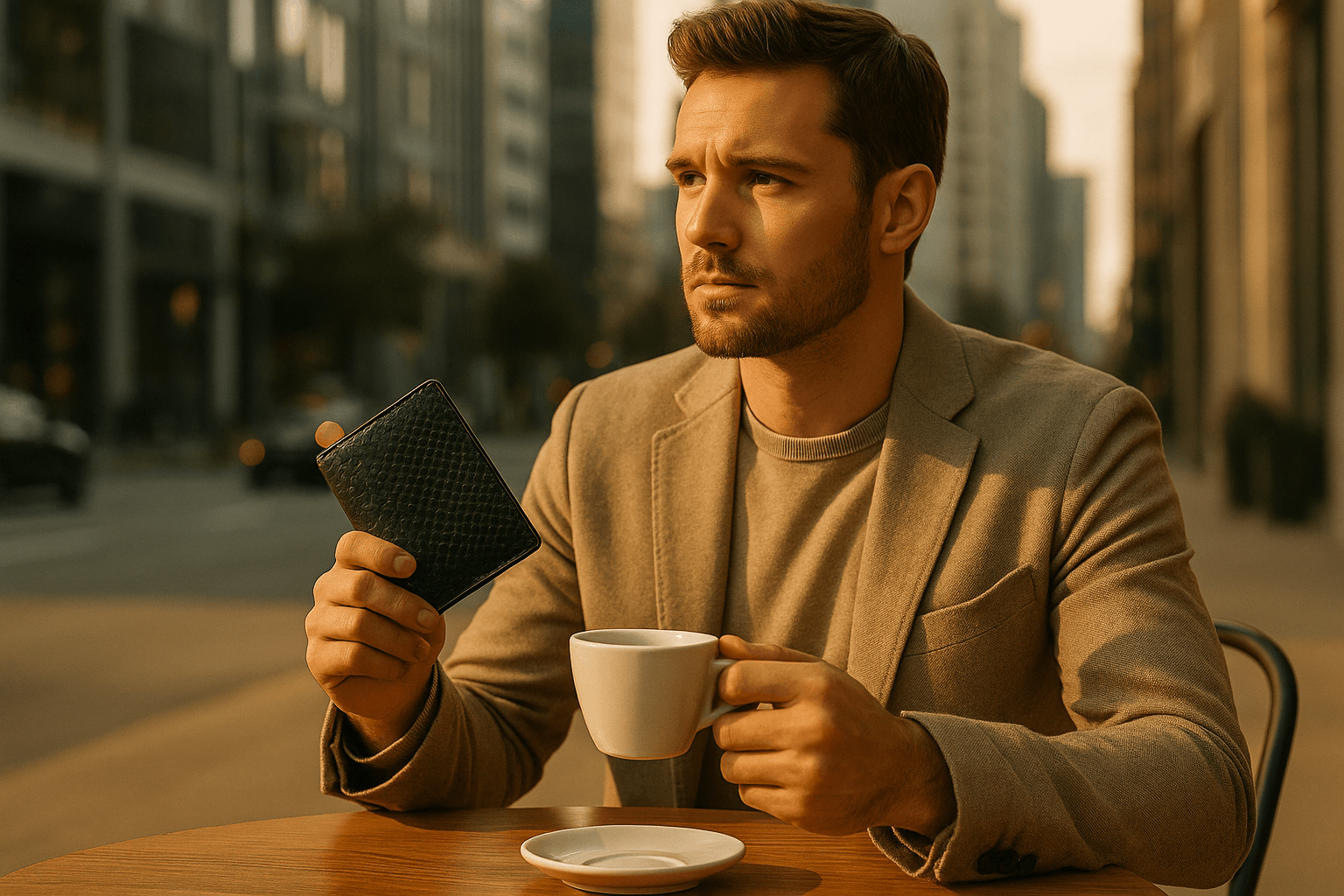 Man holding a genuine black python leather wallet at a café, showing its luxury texture and craftsmanship.