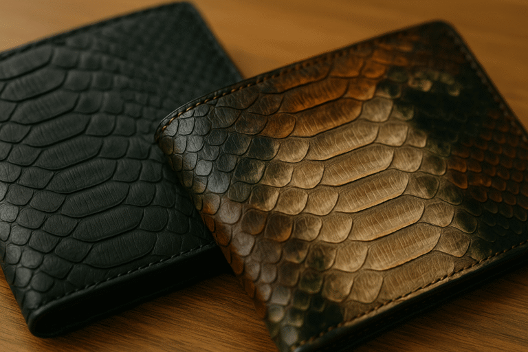 Close-up of genuine python leather wallets showing detailed scales, stitching, and natural shine.