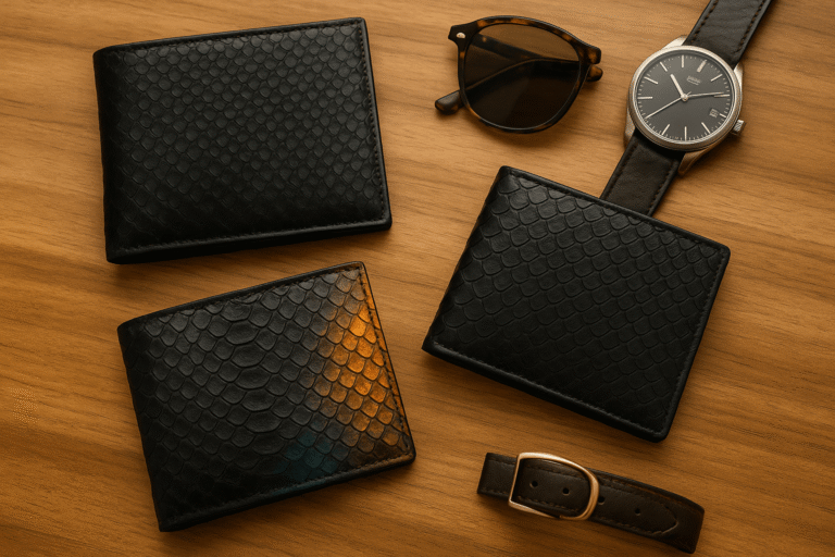 Three python leather wallets under $200 displayed on a wooden table, showing color and design variety.