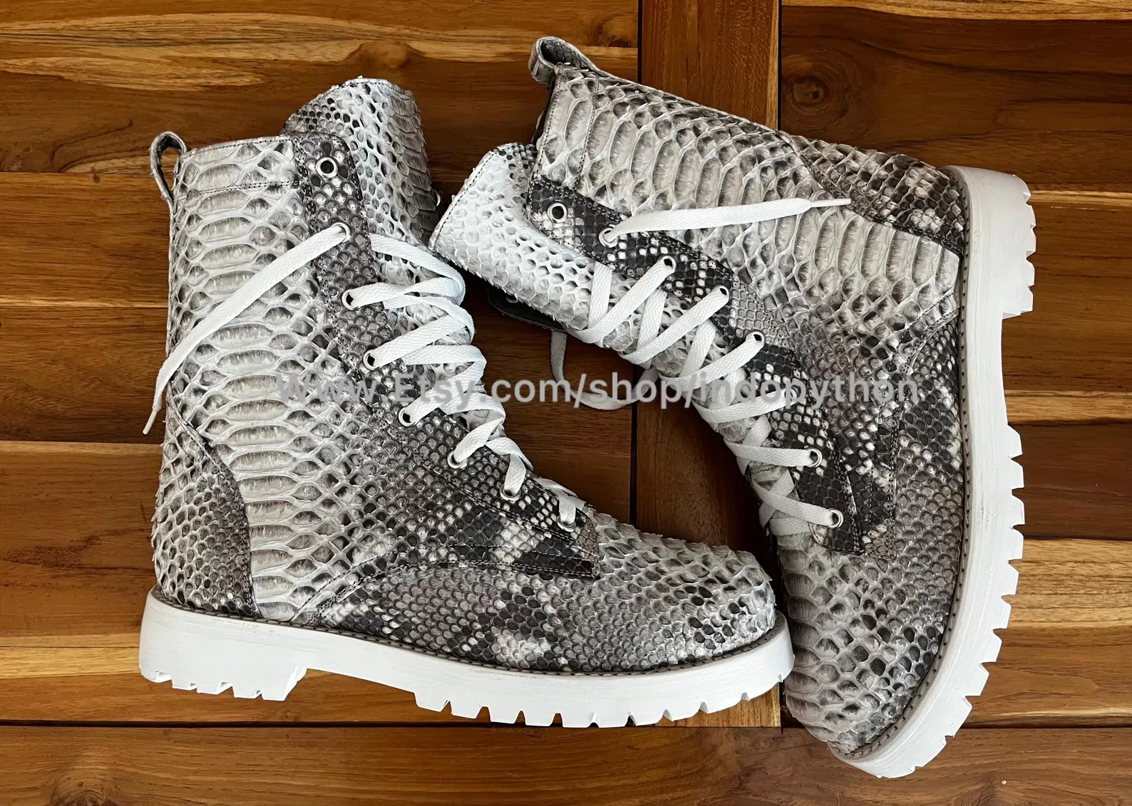 Black Python Leather Combat Boots