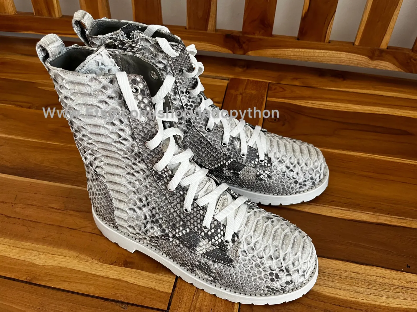 Black Python Leather Combat Boots