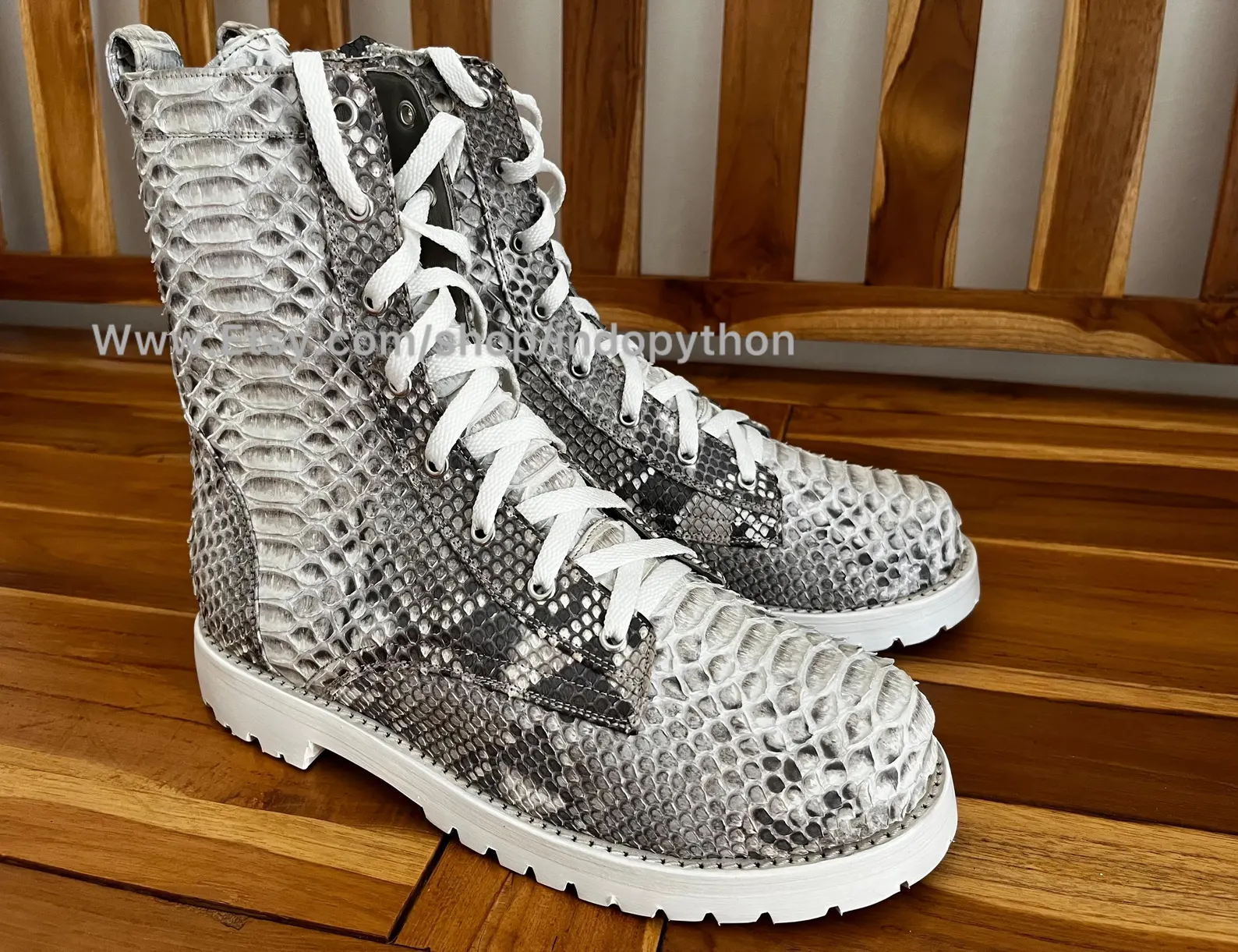 Black Python Leather Combat Boots