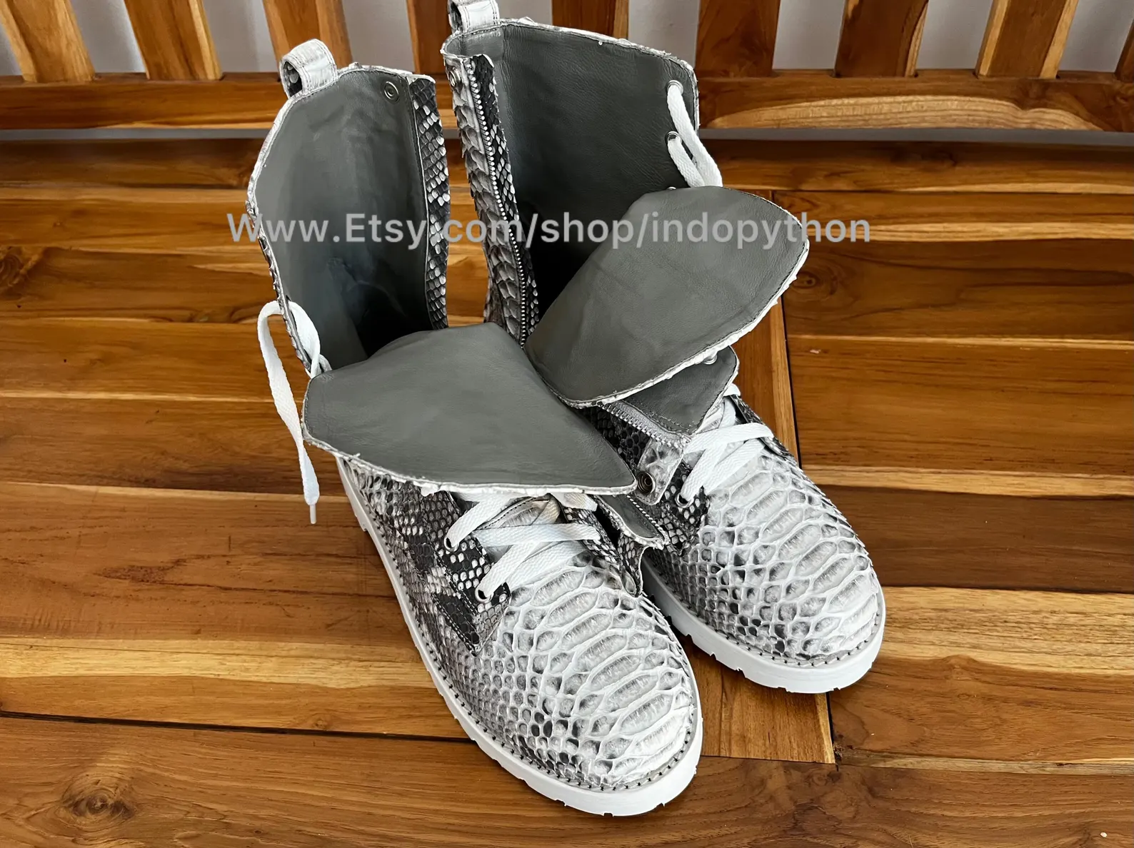 Black Python Leather Combat Boots