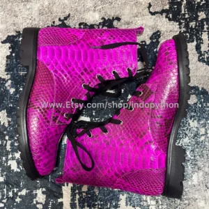fuchsia-python-leather-combat-boots