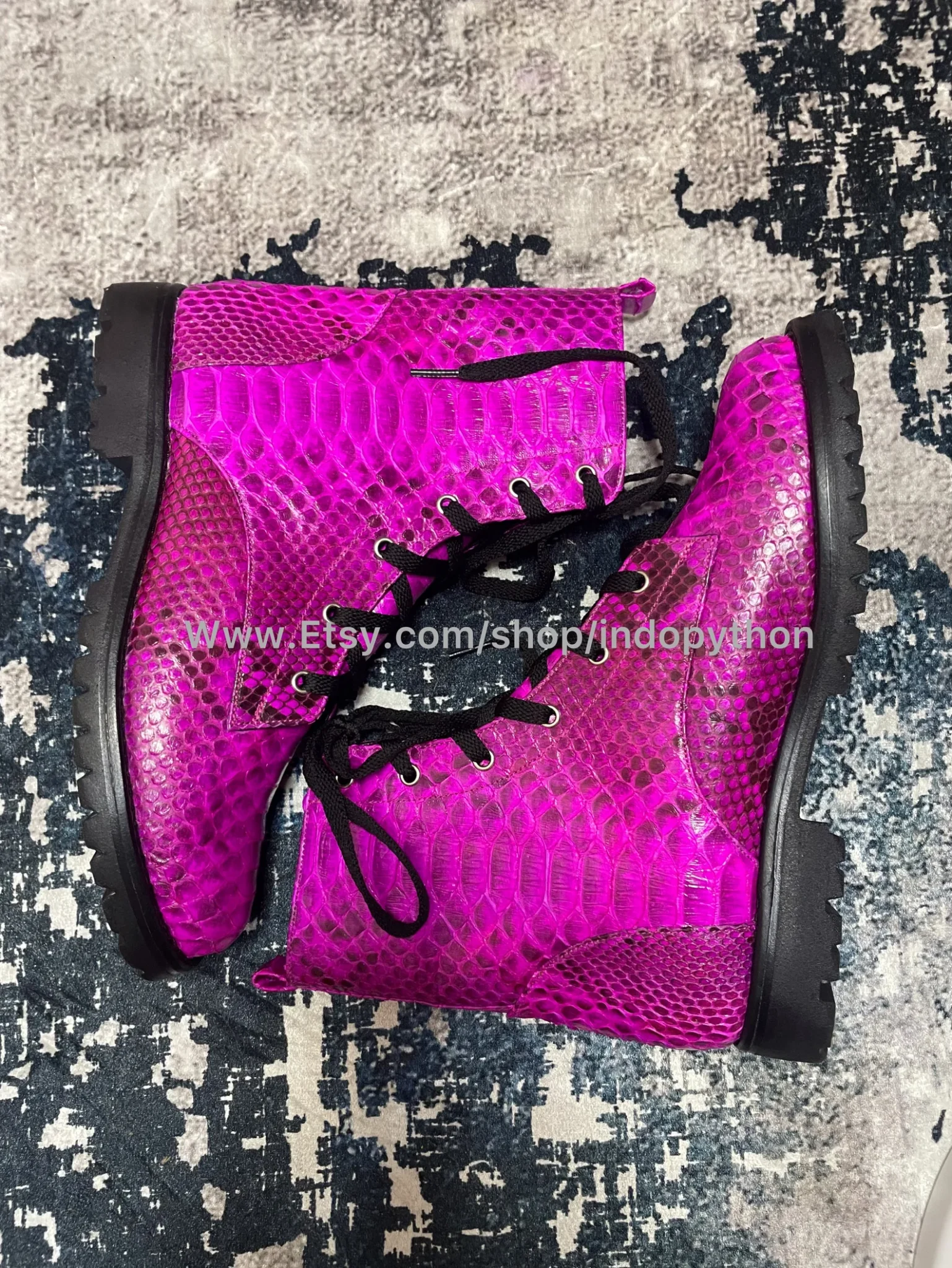 fuchsia-python-leather-combat-boots