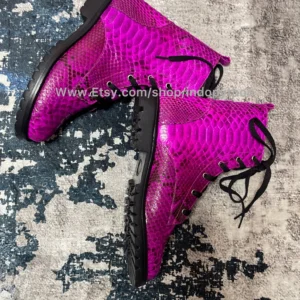 fuchsia-python-leather-combat-boots