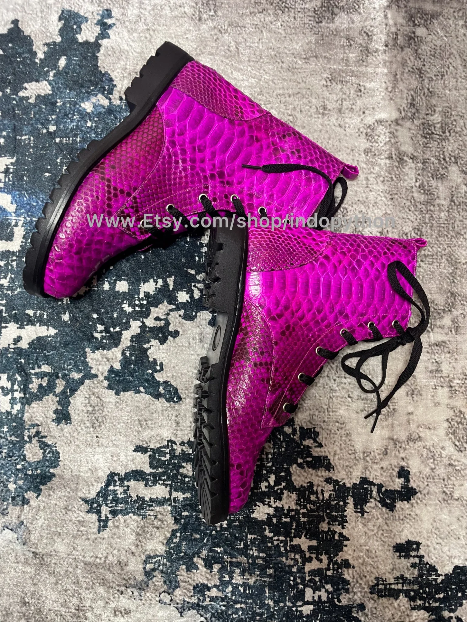 fuchsia-python-leather-combat-boots