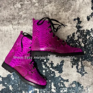 fuchsia-python-leather-combat-boots