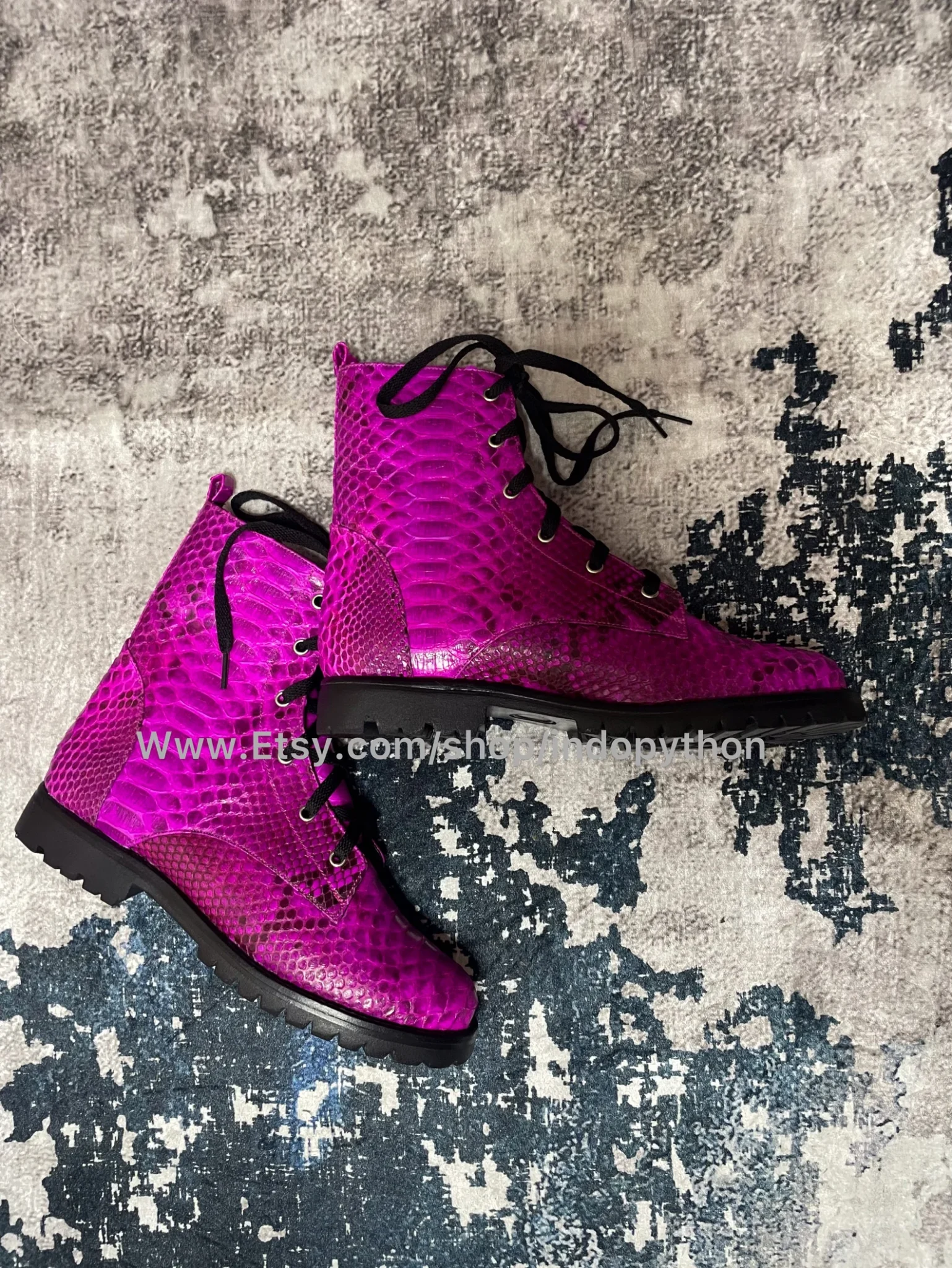 fuchsia-python-leather-combat-boots