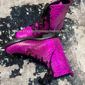 fuchsia-python-leather-combat-boots
