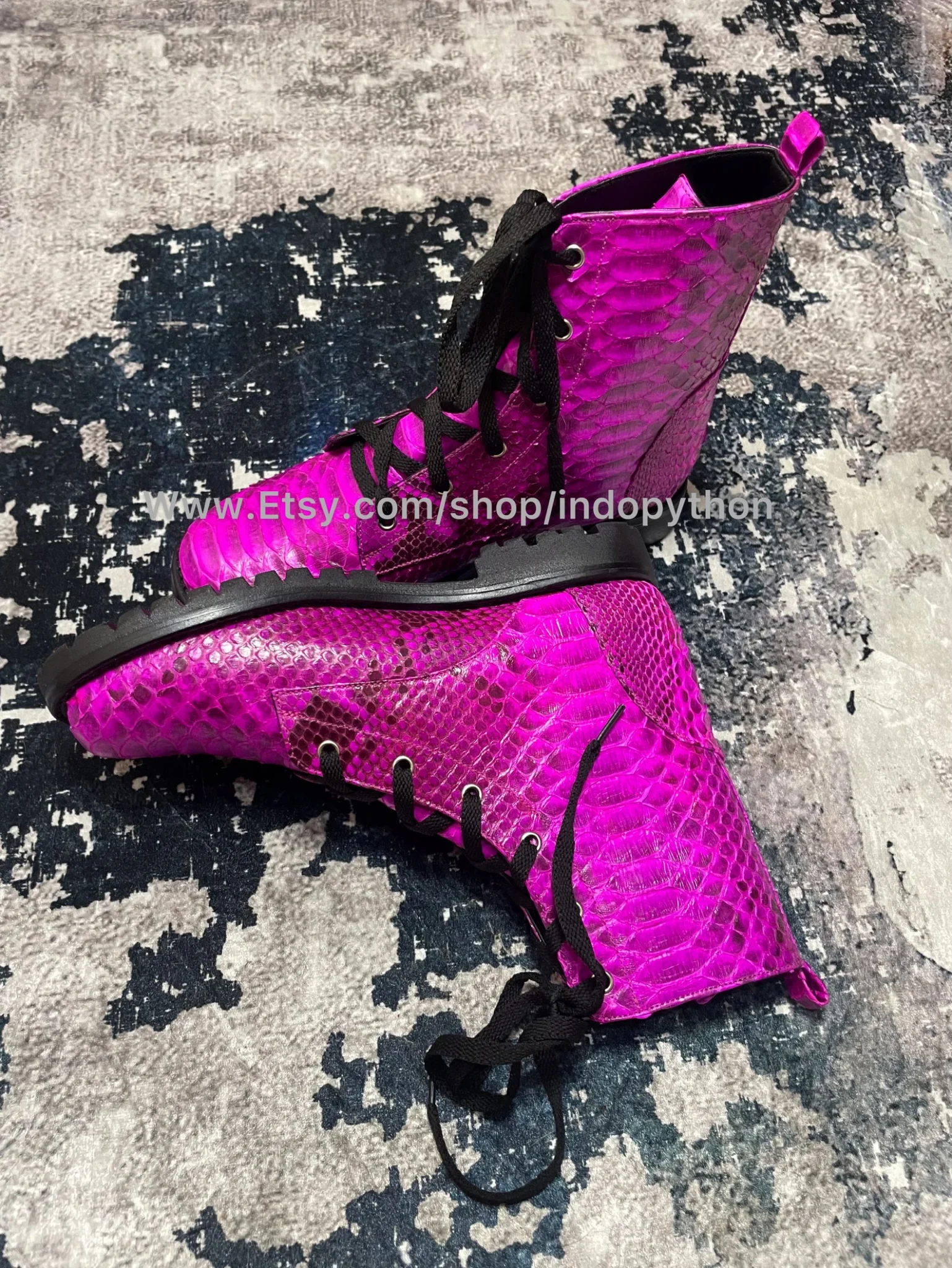 fuchsia-python-leather-combat-boots
