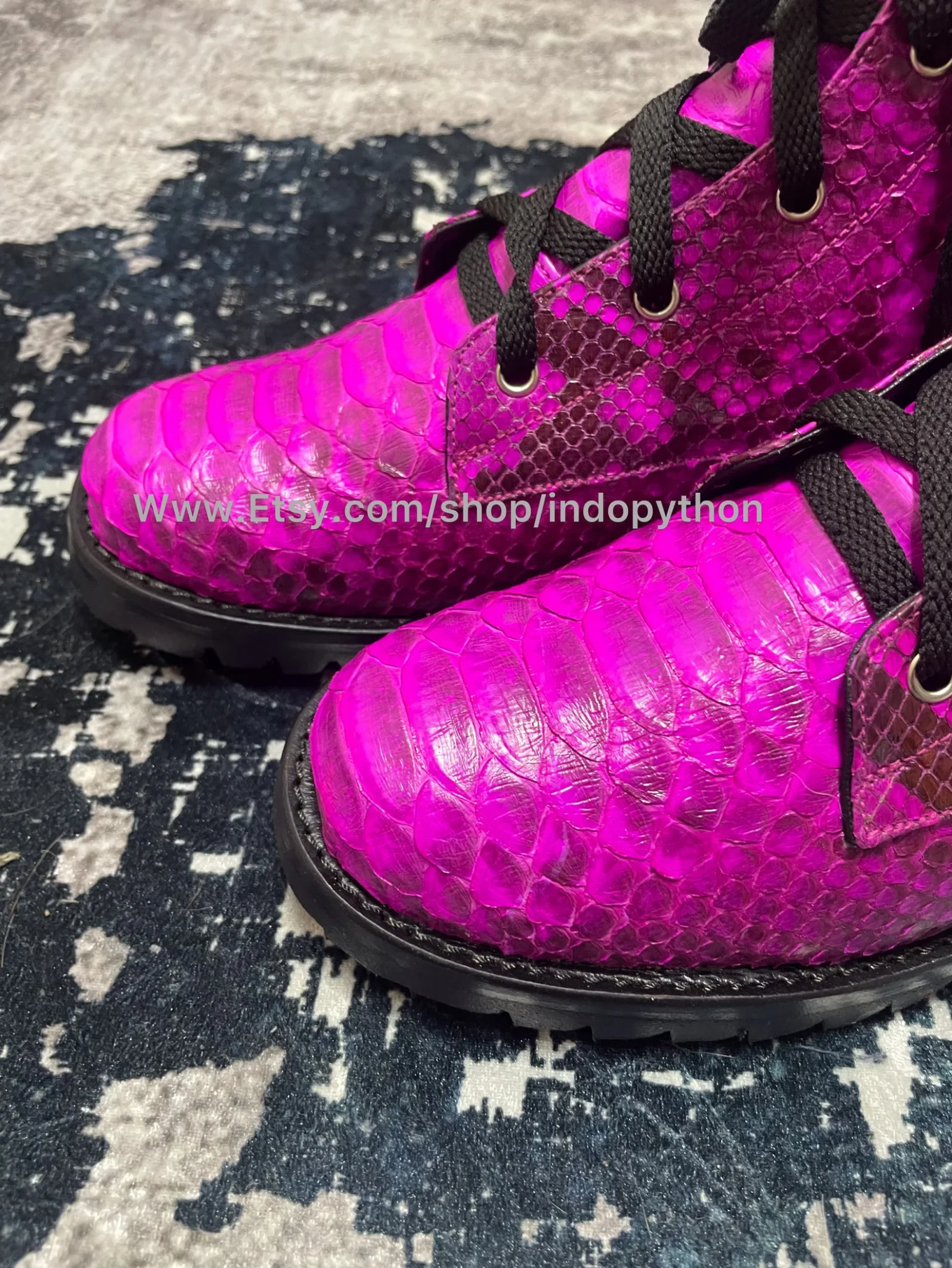 fuchsia-python-leather-combat-boots