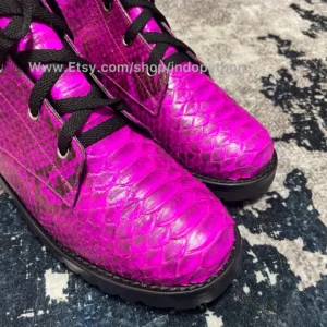 fuchsia-python-leather-combat-boots