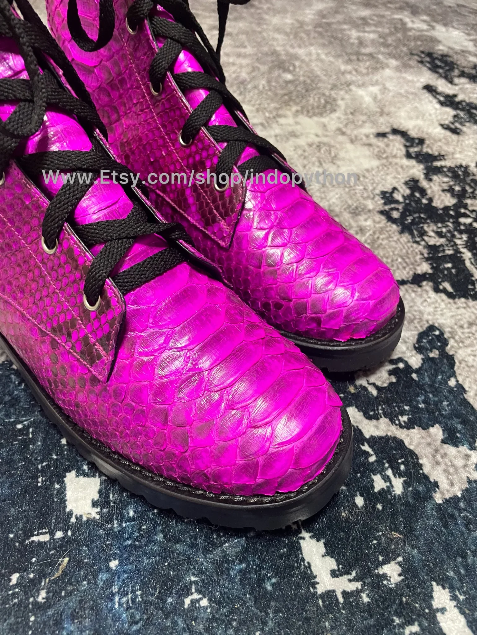 fuchsia-python-leather-combat-boots