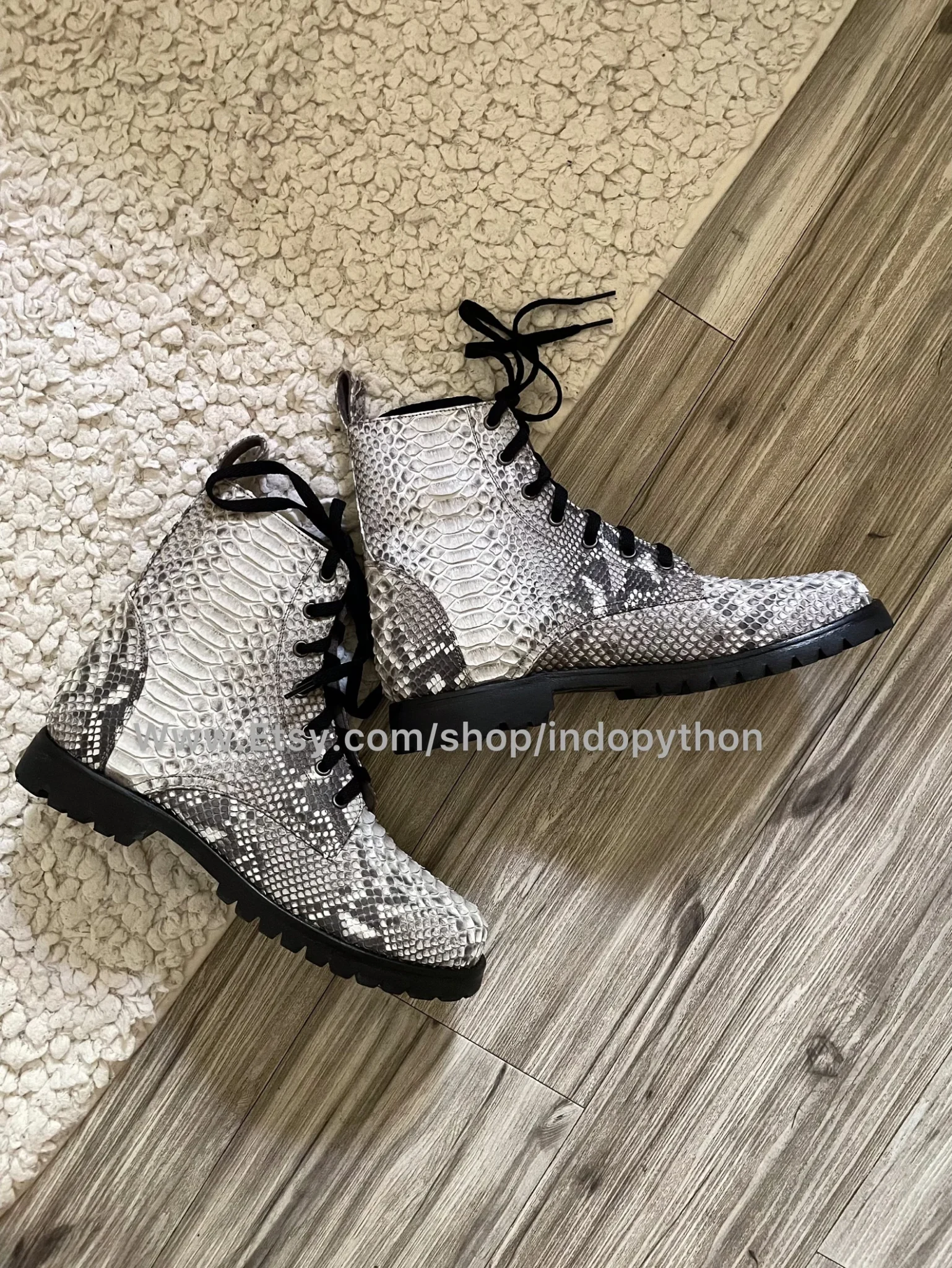 Black Python Leather Combat Boots