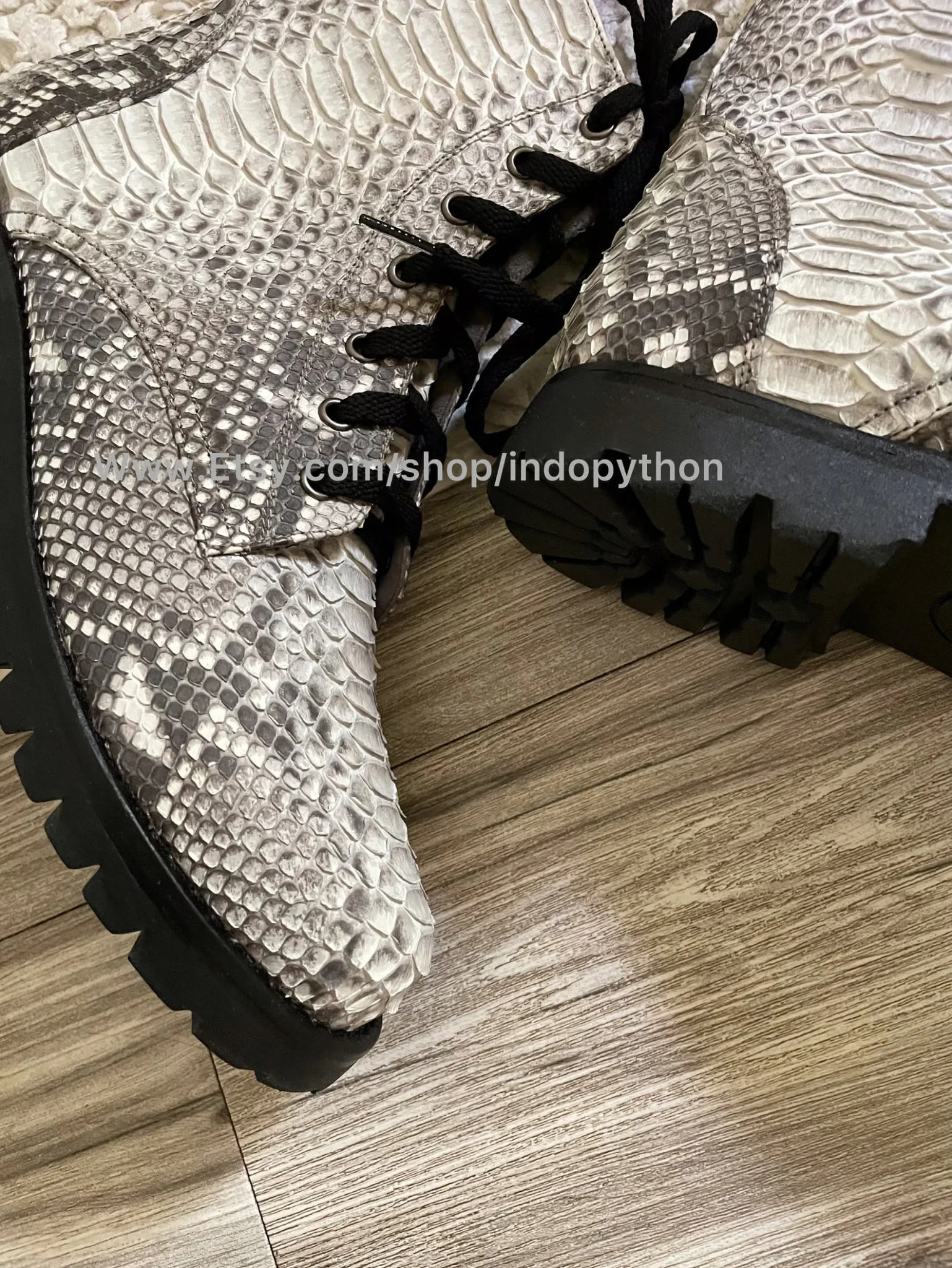 Black Python Leather Combat Boots