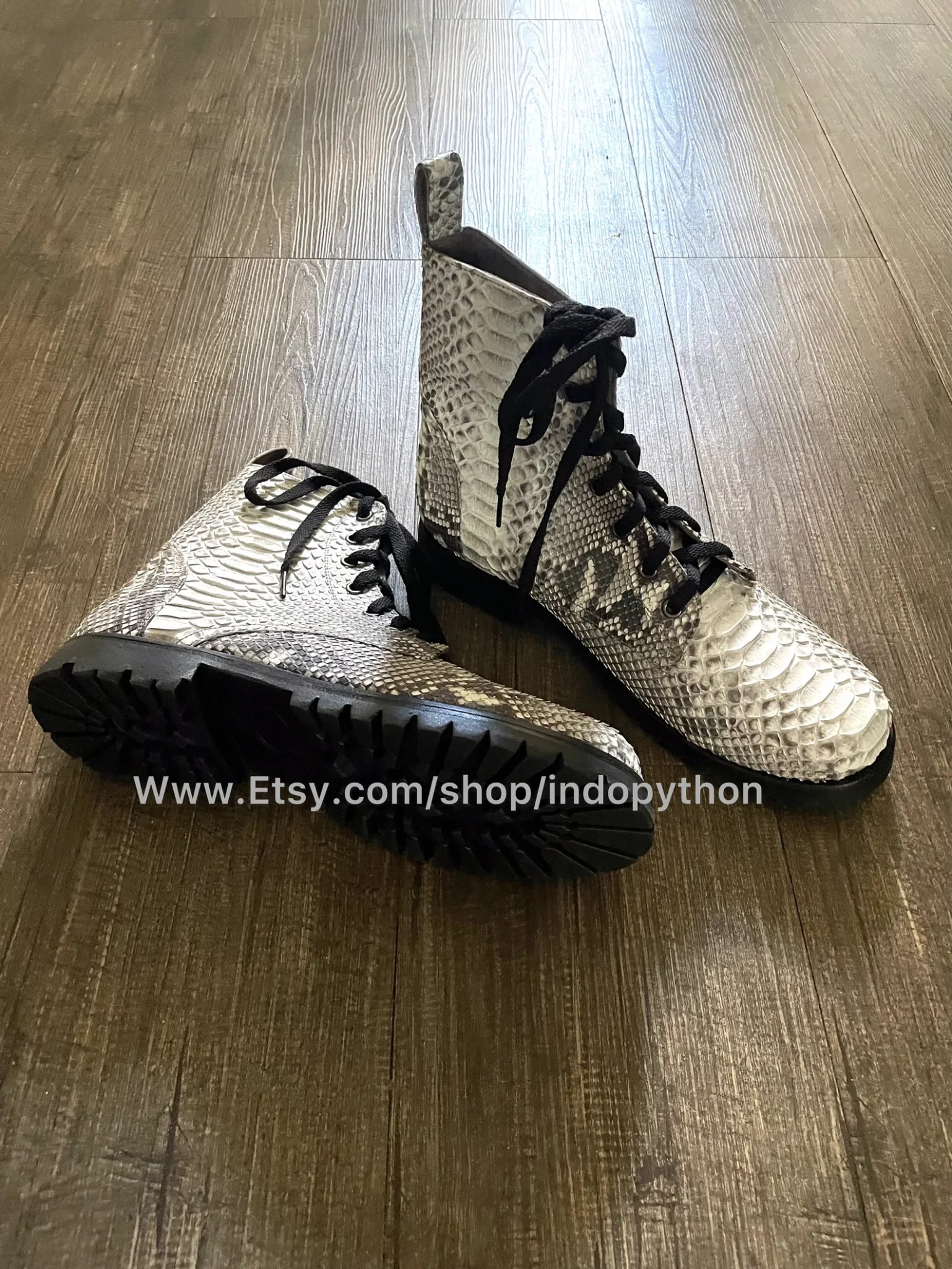 Black Python Leather Combat Boots
