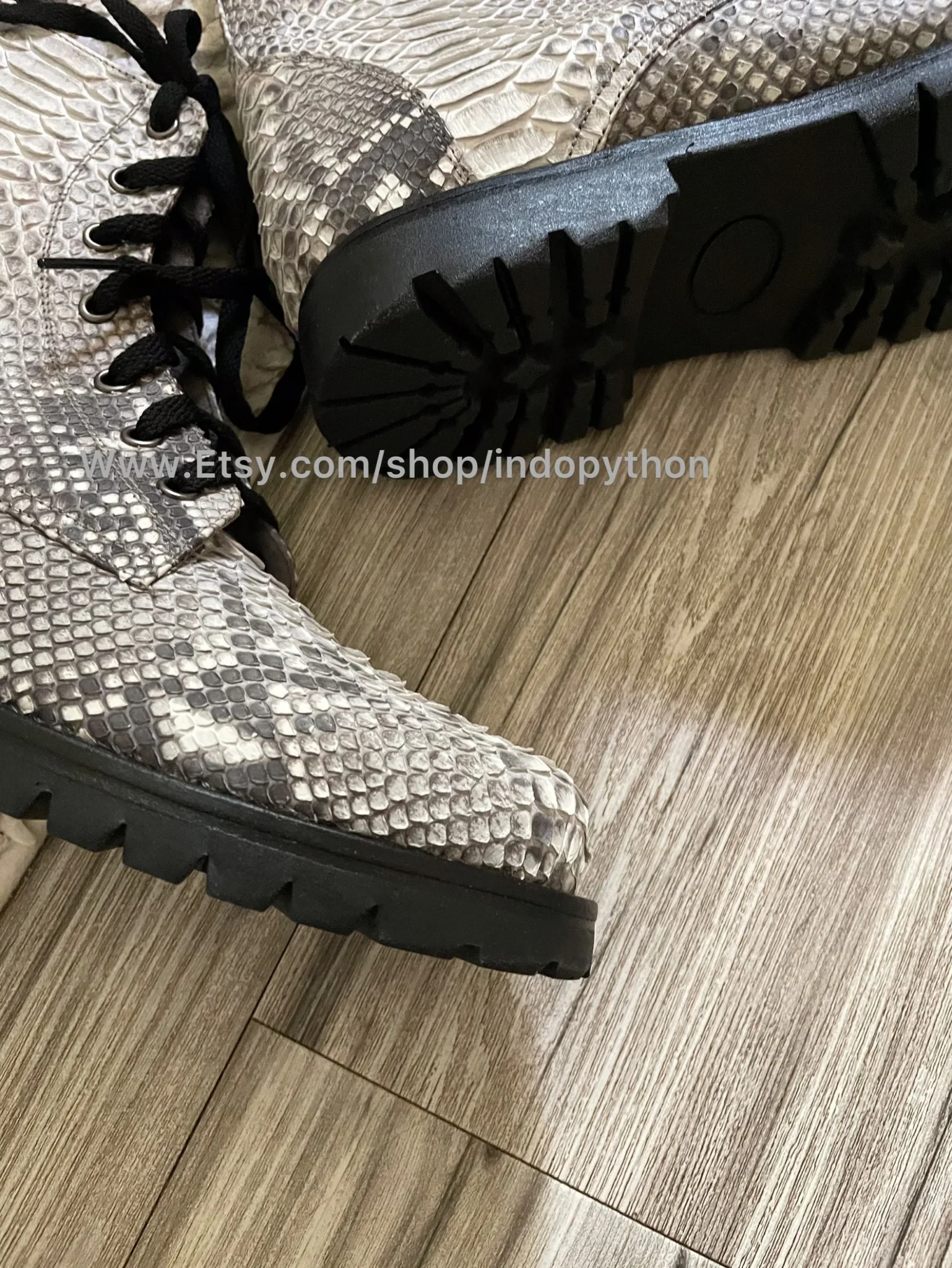 Black Python Leather Combat Boots