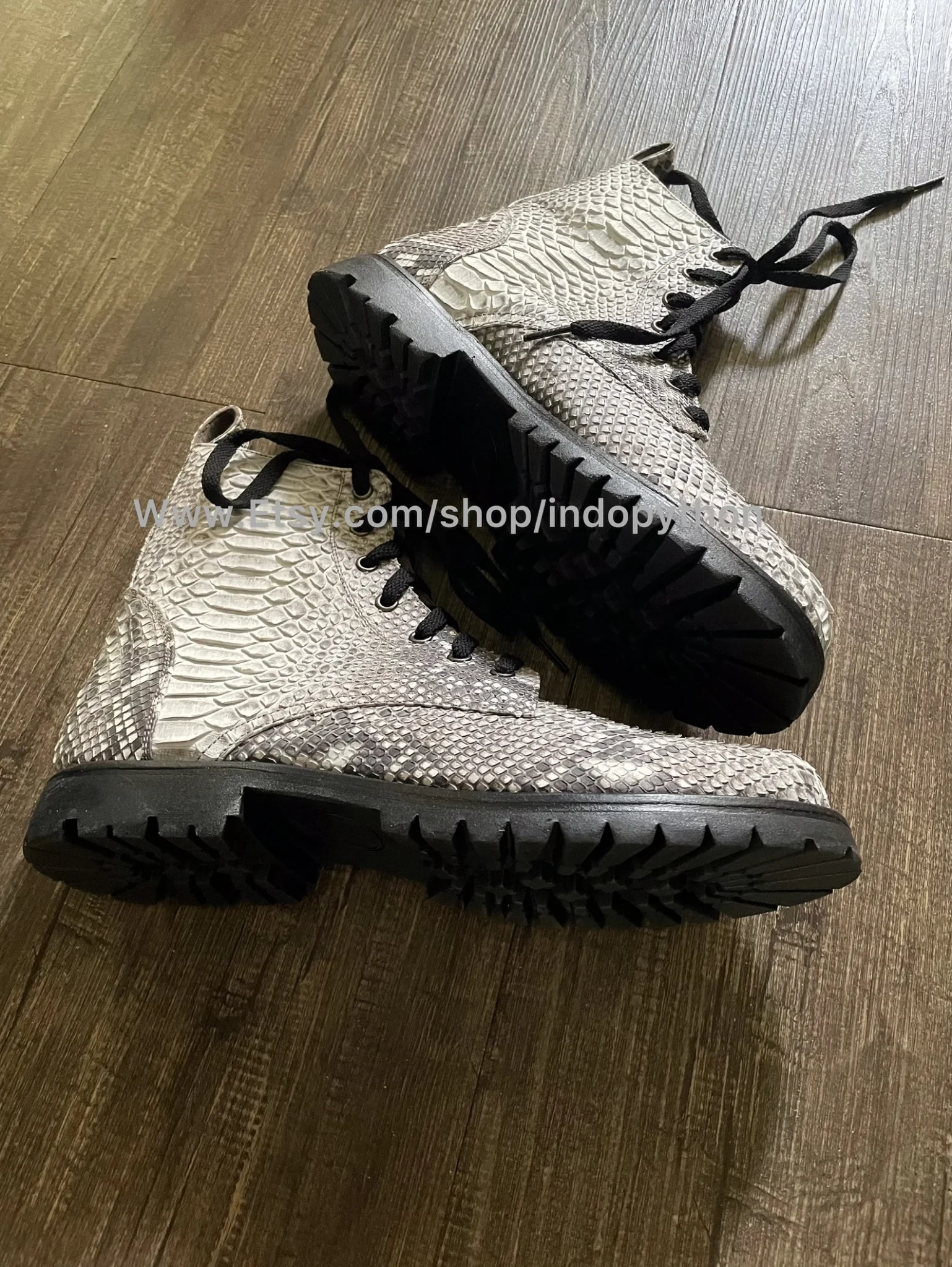 Black Python Leather Combat Boots