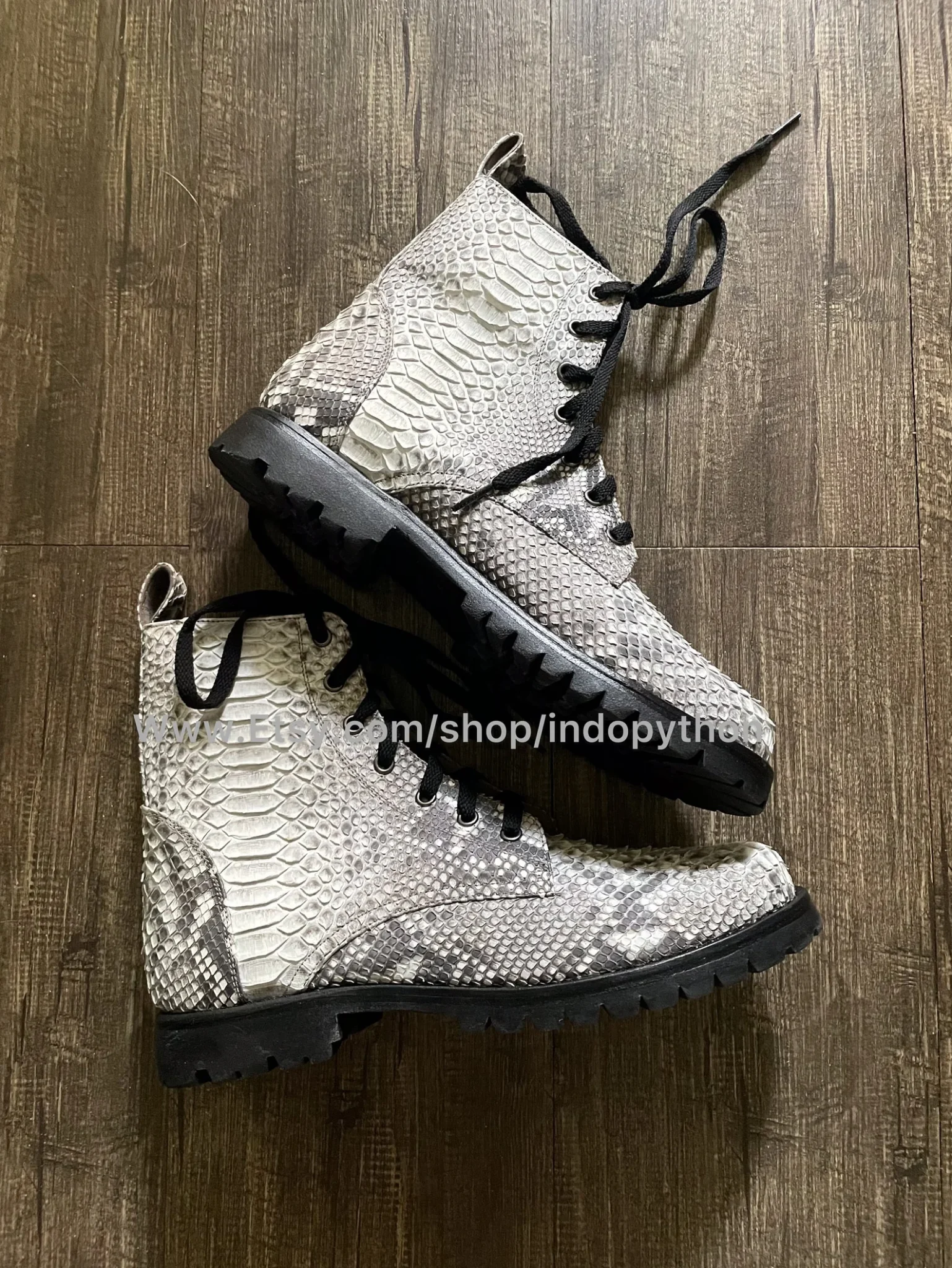 Black Python Leather Combat Boots
