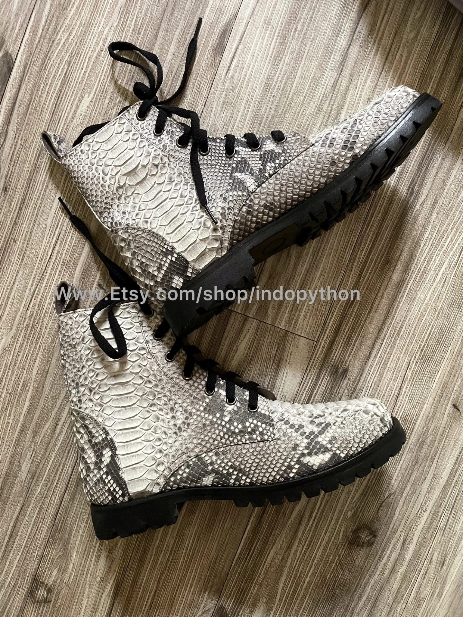Black Python Leather Combat Boots