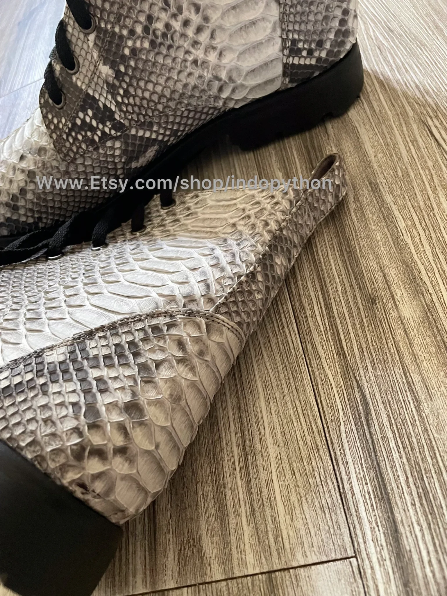 Black Python Leather Combat Boots